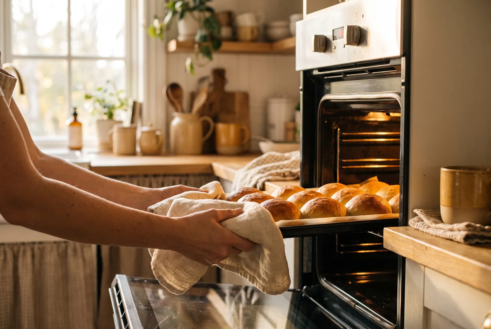 Hands drawing a tray of golden baked rolls out of a home oven with a folded towel