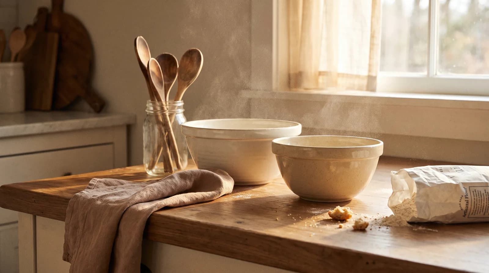 A home kitchen counter in early morning light with mixing bowls and flour